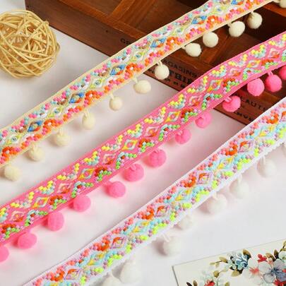 1/2/5 Yards Fringe Lace Trim - Colorful Tassel Ball Fringe Ribbon For DIY Crafts, Sewing & Garment Decor | Soft BoBo Fur Edging With Decorative Lace Curtain Tablecloth Decoration