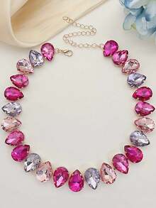 1pc Bohemian Style Glamorous Colorful Glass Crystal Heart & Teardrop Pendant Necklace, Gold Jewelry For Women (Slight Glazing Defect On Surface Is Normal)