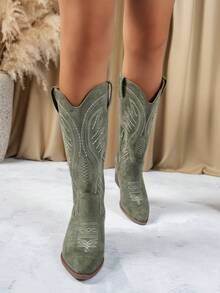 女士时尚刺绣纯色百搭厚底楔形拉链翼高筒靴， - 綠色 - 查看 4