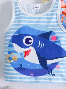 Set de 3 piezas de ropa de verano informal y cómoda para bebés niños, incluyendo chaleco sin mangas con gráficos de tiburón, cangrejo y tortuga, talla grande pantalones a rayas, adecuado para uso diario y exterior