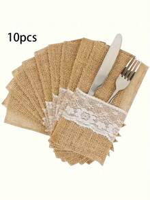 10/20/50 Pcs/Set Linen Cutlery Bags, Linen Knife Fork Bags With Lace, Lace Utensil Holder Bags, Cutlery Napkin Silverware Bags, Christmas Silverware Holders, Wedding Table Decoration, Wedding Decorations, 21*11cm - Brown - View 16
