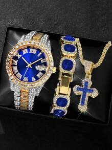 3 PIÈCES/SET Mode HIPHOP Luxe strass Bande d'Acier Calendrier Échelle Romaine Montre à Quartz Homme Avec Ensemble Bracelet strass. Collier Pendentif Croix Zircone Titane. Ensemble Cadeau Collier Bracelet Montre pour Soirées, Fêtes, Clubs Noctunes Décoration Bijoux Accessoires