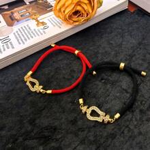 1 peça de pulseira de aço inoxidável europeia e americana de alta qualidade com microincrustações de zircônia cúbica totalmente embutida, fecho de ferradura, corda vermelha ajustável, minimalista e elegante, presente para uso diário para mulheres