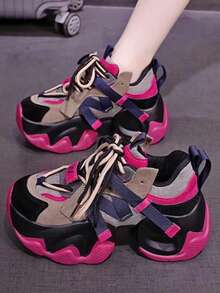 女士时尚百搭厚底厚底运动鞋，多色双系带休闲运动鞋 - 彩色 - 查看 4