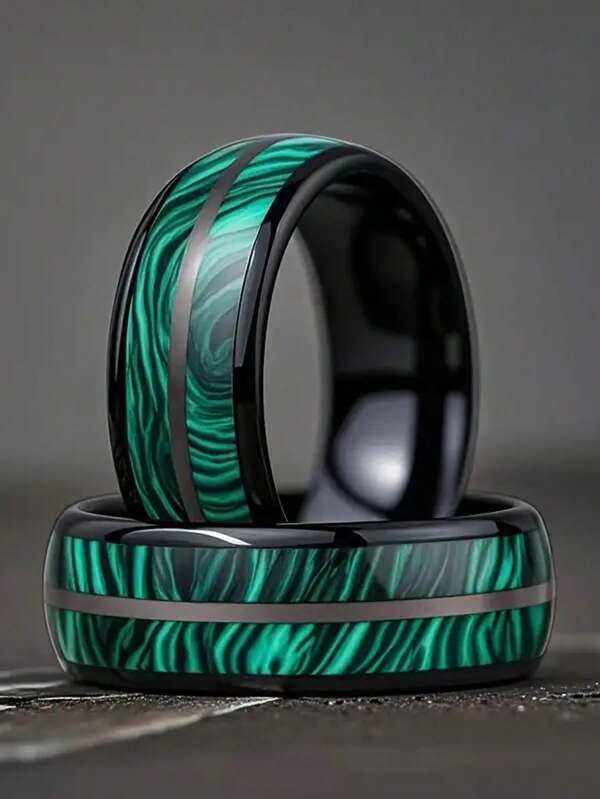 1pc Men's 8mm Stainless Steel Bohemian Wave Design Ring - Synthetic Black And Green Marble Pattern, Modern Wedding Band Suitable For Casual Wear, Engagement Jewelry, Durable Unisex Style Gift For Holidays & Special Occasions | Vibrant Pattern Ring | Polished Band