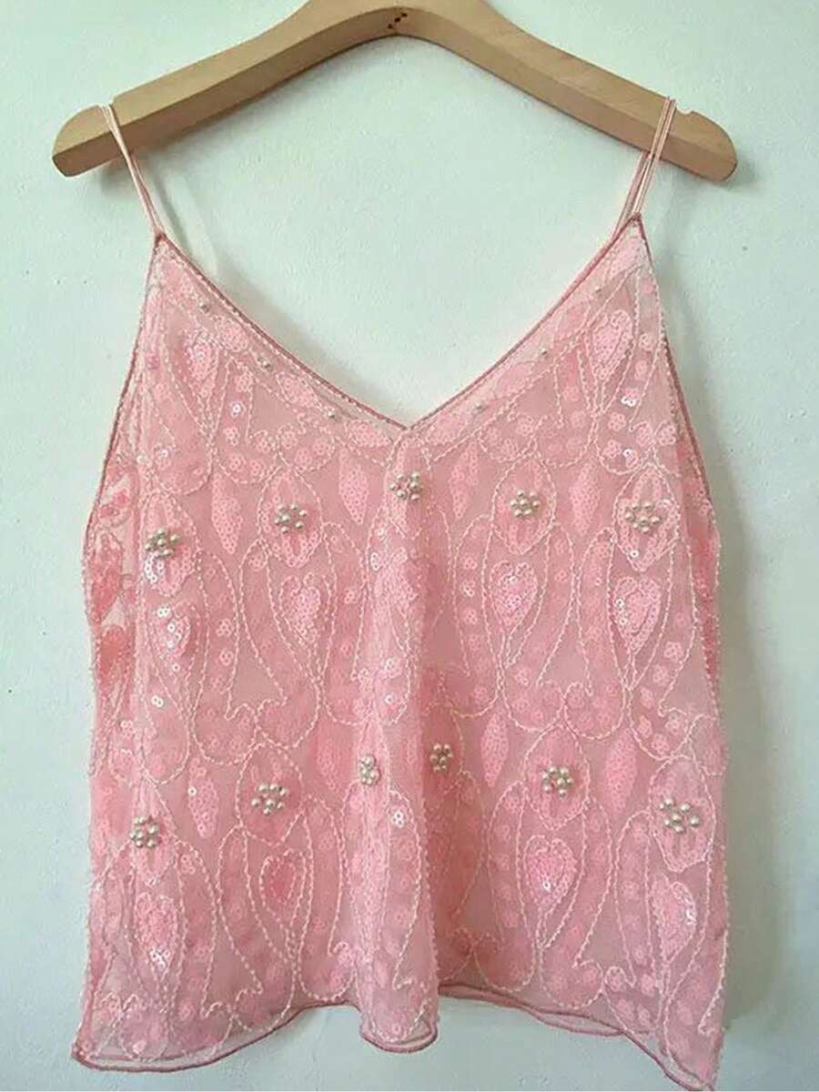 Women Y2K Sequin Cami Top Sparkly V Neck Tank Top Backless Glitter Crop Tops Floral Rhinestone Clubwear - Màu Hồng baby - Xem 1