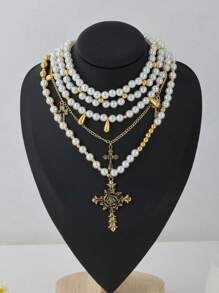 1 Set Of European & American Style Classic Versatile Fashionable Niche Exquisite Pearl Beaded Necklace, Multi-Layer Wear For Men & Women, Sweater Chain, Heavy Choker Necklace,