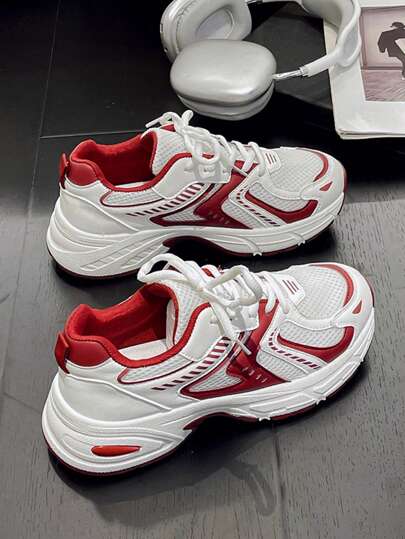 Retro Chunky Sneakers Women 2025 Spring Autumn New Colorblock Lightweight Breathable Casual Shoes, Shock-Absorbing Thick Sole Platform Sneakers For Ladies