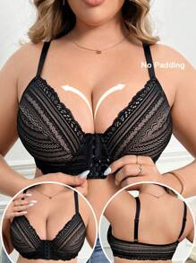 Plus Size Women Front Closure Lace Patchwork Bra, Soft & Comfortable Underwear With Wire