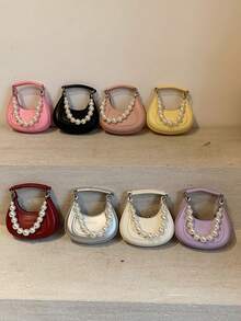 新款韩版珍珠手提包带肩带，迷你硬壳月亮装饰配饰包，女士小钱包，可装口红、硬币、钥匙 - A - 查看 2