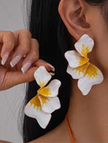 1 par de pendientes florales minimalistas para mujeres, diseño de nicho multicapa de metal exagerado con pétalos de flor - Pendientes de gota de aceite - Ver 7