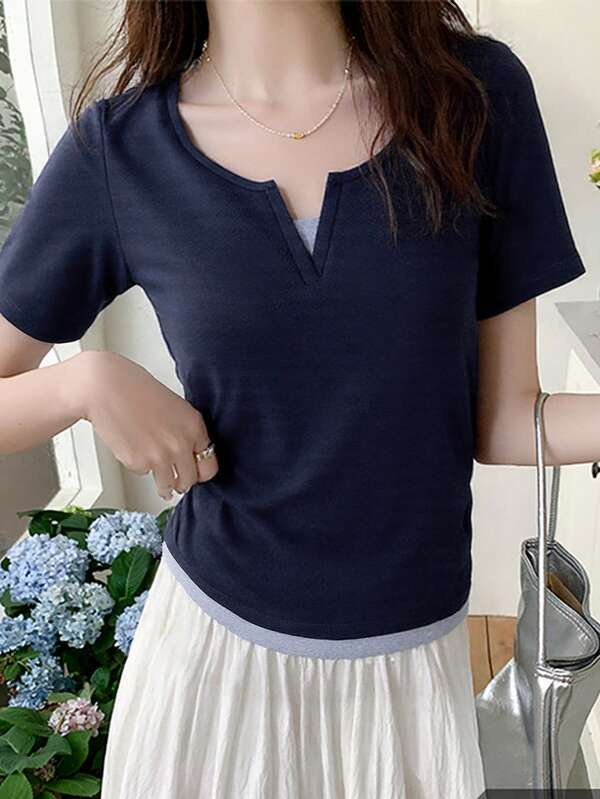 Contrasting Color Faux Layered V-Neck Ruffled Hem Short Sleeve T-Shirt For Women, Sexy Minimalist Style, Summer