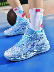 Fashionable Basketball Shoes For Boys, Colorful Green Sporty Sneakers, Multi-Color Splice Thick Sole Outdoor Casual Shoes