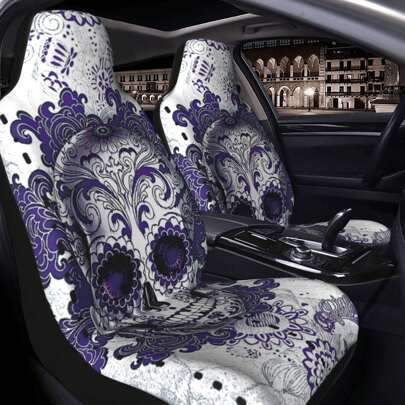 2pcs Purple Floral Skull Design Full Coverage Auto Car Seat Covers, Suitable For All Seasons, Fabric Material, Personalized Skull, Fits Multiple Vehicle Models, Full Protection