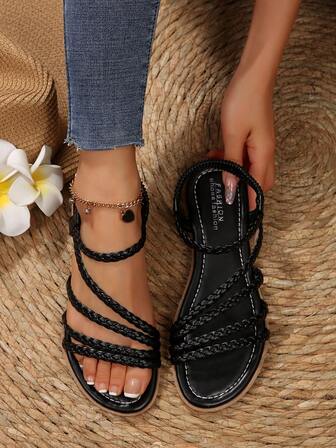 女士手工编织钻石带舒适平底凉鞋