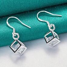 925 Sterling Silver Plated Hollow Cube Crystal Earrings Eardrop For Women Charm Wedding Engagement Fashion Jewelry