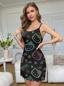 Sanrio Sanrio Hello Kitty Damen Nachthemd für den Sommer - Bunter bedruckter ärmelloser Pyjama Kleid mit Hello Kitty Motiv, Trägerkleid, leichte Hausmode, maschinenwaschbar, weiches und bequemes Material, süßes Cartoon-Design