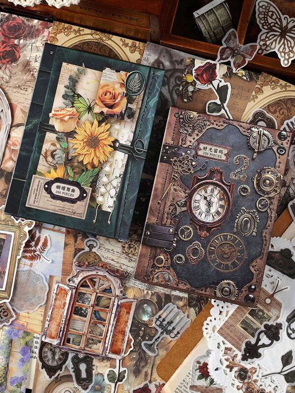 1 paquete (200 piezas) Set de suministros vintage desgastados, que incluye 100 hojas de papel para scrapbooking, 80 cintas washi, 20 hojas de papel de cartón blanco, materiales retro de decoración para scrapbooking para manualidades de vuelta a la escuela