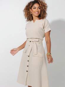 Women's Linen Set Blouse And Midi Skirt Elegant Social Evangelical Fashion Cargo Pocket Buttons