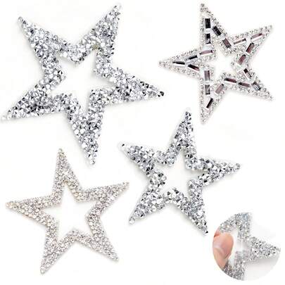 4 buah Patch Rhinestone Bintang Berongga, Stiker Kristal Mengkilap untuk Perbaikan Pakaian, Jeans, Tas, Topi, DIY, Tempel dan Lepas