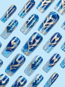 24 Piece Long C-Curve Nail Fake Nail Blue Fashionable Gradient Flash Geometric Stripe Heart-Shaped Pattern Design Nail Kit Long Press Nail Suitable For Holiday Wear, Parties, Friends, Dates, Daily Wear