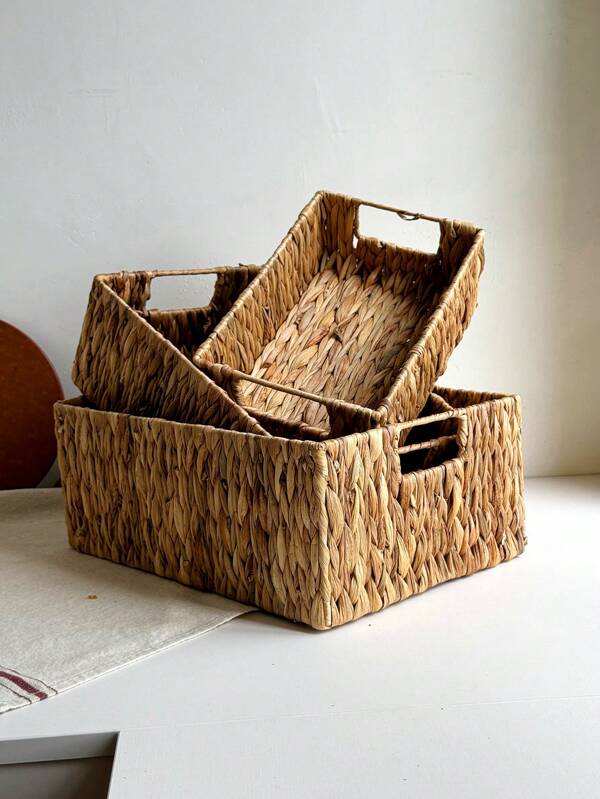 Set de 3 piezas (S+M+L) de cestas tejidas a mano de ratán, incluye cestas de almacenamiento de mimbre grandes y pequeñas, cestas de jacinto de agua natural para estantes de despensa, bandejas de ratán para mesas de café y decoración del hogar, cestas organizadoras reutilizables de estilo bohemio para papelería, armarios, juguetes, cosméticos, escritorio, ideal como cesta de regalo