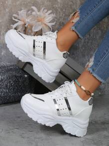 New Spring & Autumn Breathable Height Increasing White Sneakers, Thick Platform Sports Casual Comfortable Chunky Sneakers