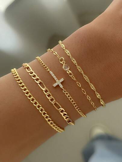 5pcs High-Quality Cubic Zirconia Cross Decorated Multilayer Bracelet, Fashionable, Suitable For Women's Parties, Gatherings, Daily Wear, Holidays, And Gifts
