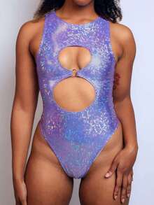 Lavender Holographic Keyhole Bodysuit – Festival Wear One-Piece - 紫色 - 查看 3