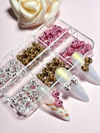 60Pcs/Box White Pink Brown Resin 3D Leopard Bow Nail Decorations Diy, Y2K Bowknot Ribbon Nail Art Accessories, Versatile Diy Nail Supplies Nails,For Coffin Nails, French Almond Nails, Long And Short Nails, Oval Nails, Square Nails, Jewelry Crafts Design, Graduation Cap Design, Diy Mobile Phone Case Decoration Nail Charms Nail Gems