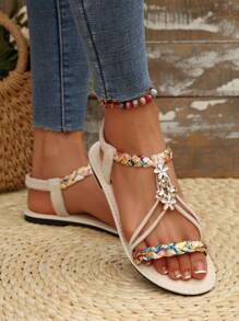 Women's Fashion Roman Style Sandals - Floral Button Design, White Base With Colorful Petal Pattern, Round Toe Flat Heel, Suitable For Summer Casual Wear, Comfortable | Decorative Sandals | Rubber Sole Flip-Flops, With Elastic Strap