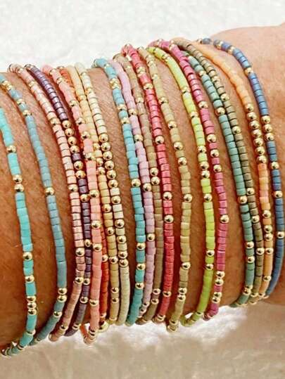 19pcs Bohemian Mixed Color Resin Bead & Gold CCB Beads Decorated Bracelet Set