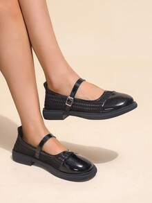 Mary Jane Flats With Mesh Splice Round Toe Buckle Closure, Simple Design, Breathable, British Style