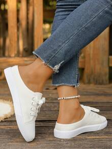 Nuevas zapatillas deportivas de lona blanca talla grande, versátiles zapatos deportivos para estudiantes, zapatos planos de moda para patineta, zapatos blancos casuales con cordones, zapatos deportivos (los zapatos son talla grande pequeños de lo normal, se sugiere pedir una talla talla grande) - Blanco - Ver 9