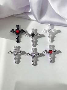 5pcs Alloy Stylish Wing Cross Heart Shaped Rhinestone Pendant, 35*30mm, DIY Phone Chain, Bag, Necklace, Earrings, Keychain, Jewelry Accessory