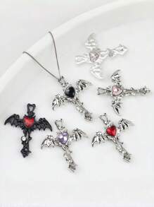 5pcs Alloy Stylish Wing Cross Heart Shaped Rhinestone Pendant, 35*30mm, DIY Phone Chain, Bag, Necklace, Earrings, Keychain, Jewelry Accessory