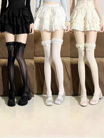 1 Pair Ruffle Hem Solid Color Sweet Thigh High Socks, Lace Trim Mary Jane Stockings, Suitable For Spring & Summer, Y2k, Cozy