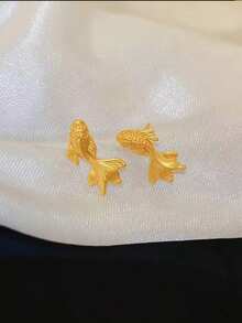 1 对精致金鱼复古时尚耳环，百搭个性化女士耳环配饰 - 金色 - 查看 4