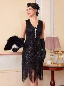 1920s Flapper Dresses, Great Gatsby Dresses Roaring 20s For Women, Sheer Beaded Sleeves Costume, Party Dress, For Cocktail - Black - View 4