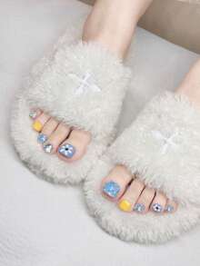 12pcs Handmade Toe Nail Stickers, Summer Blue Floral Gradient Glitter Girl's Toe Nail Art Decals, 3 Size Options, Includes 2pcs Jelly Gel And 1pc Buffer, Comes With Storage Box Handmade Press On Nails - Multicolor - View 4