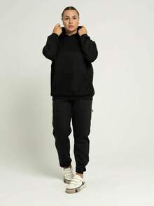 Women's Set Sweatshirt Kangaroo Hooded Pocket And Jogger Pants Cotton Flannel Plain Unisex Simple Casual Cute Pocket Drawstring - 黑色 - 查看 2