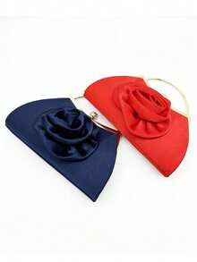 1pc New Satin Rose Flower Evening Clutch Bag, Party Handbag With Rhinestone, Fits Formal Dresses - Navy Blue - View 6