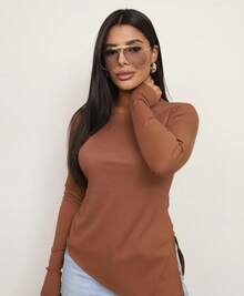 Women's Ribbed Blouse Simple Casual Elegant Split Asymmetric Fall/Winter - 鏽棕色 - 查看 4