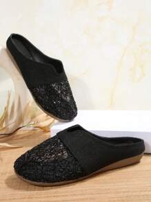 Summer Women Lace Hollow Flat Shoes, Comfortable Linen Casual Backless Mule Sandals