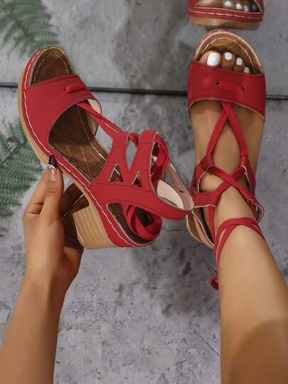 Sandalias de tacón alto con suela gruesa y cordones para mujer, de unicolor, estilo bohemio, tejidas huecas con tiras cruzadas, ideales para fiestas, bodas, vacaciones, oficina, hogar y uso al aire libre en verano