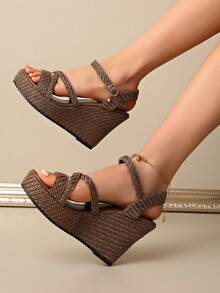 Women's Summer Woven Straw Rope Waterproof Design Fashionable High Heel Comfortable Platform Buckled Brown Sandals - Brown - View 6