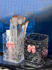 1pc Clear Acrylic Desk Organizer With Bow Accent - PMMA Pen Holder And Storage Basket For Office Supplies, Pens, And Accessories