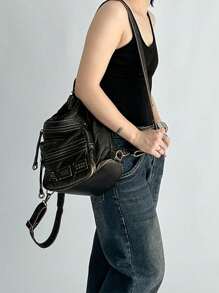 Ladies' Fashionable Retro Rivet Shoulder Bag Y2K Large Capacity Multifunctional Bag Street Style, City Charter Car Bag Crossbody Bag, Antique Bronze Color