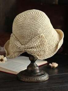 1 pieza Sombrero de paja tejido a mano con moño, diseño vintage hueco y elegante para protección solar de mujer en verano