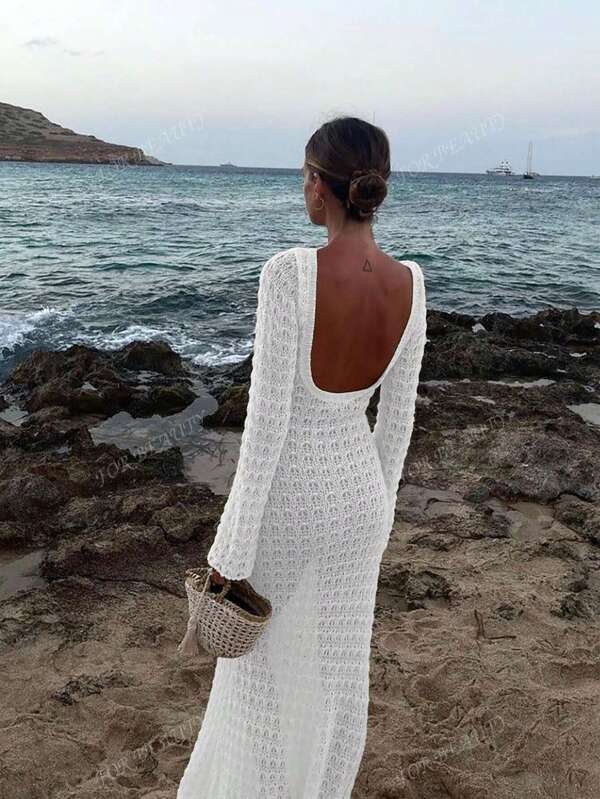 Für Schönheit Damen Frühlings- und Sommerneu einfarbiges schlank sitzendes sexy rückenfreies einfaches und atmosphärisches gestricktes langärmeliges Hochzeits- und Flitterwochen-Urlaubsstil transparentes Loch-Kleid